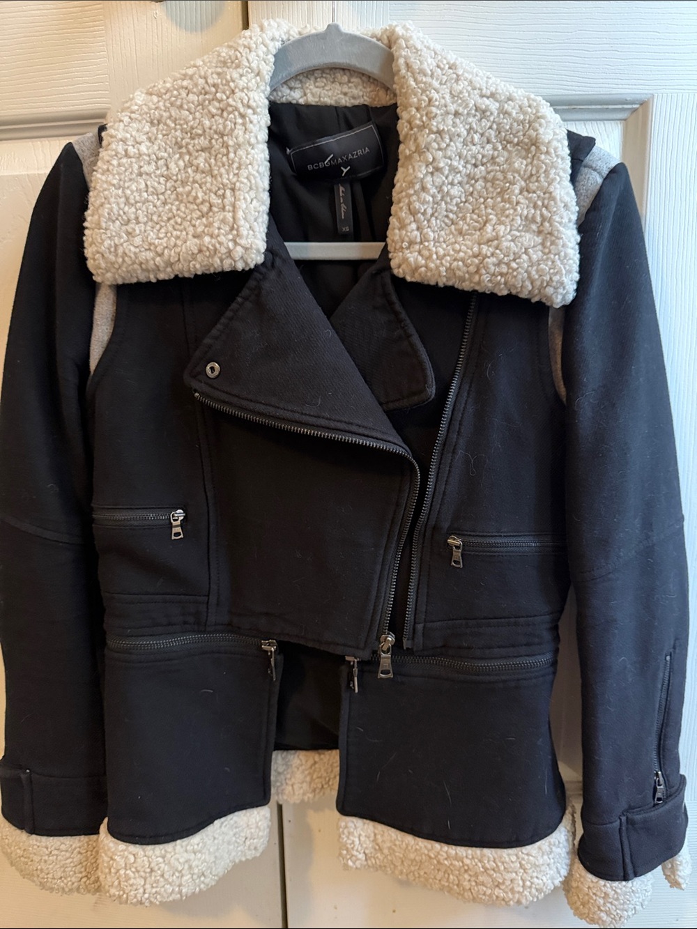 BCBGMaxAzria Black Jacket with Cream Faux-Shearling Trim